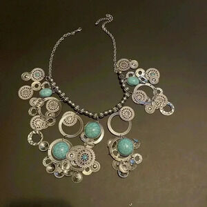Statement blue silver  bohemian trendy exaggerated fashionable stylish necklace